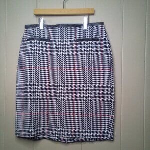 Talbots Skirt 6 Petite 6P Houndstooth Plaid Faux Leather Trim Back White Red